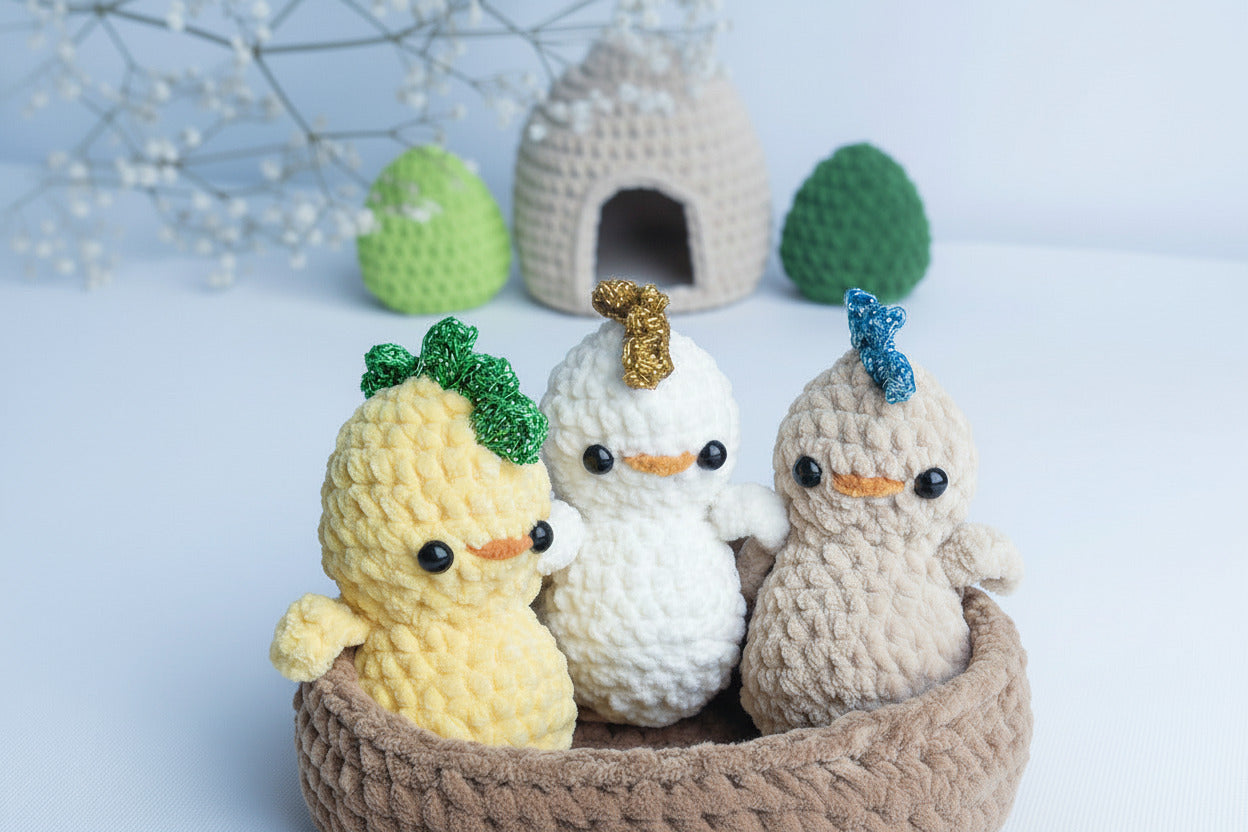 Three crochet baby chicks sitting together in a handmade crochet nest, soft yarn amigurumi decoration.